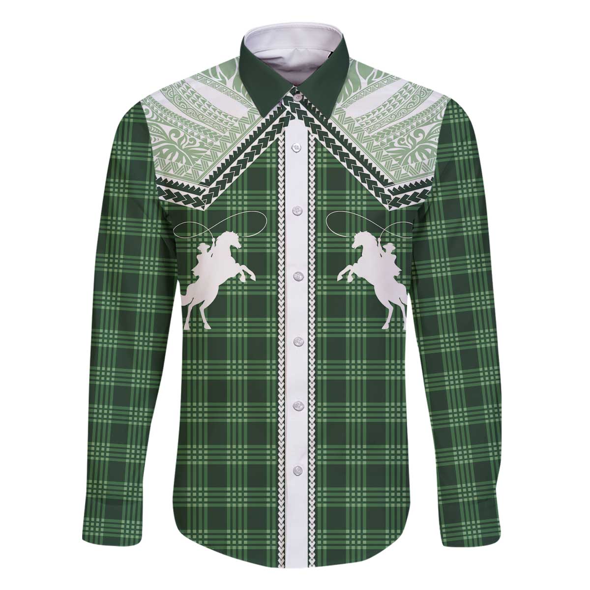 Aloha Hawaii Cowboys Paniolo Family Matching Off The Shoulder Long Sleeve Dress and Hawaiian Shirt Forest Green Palaka LT7 Dad's Shirt - Long Sleeve Dark Green - Polynesian Pride