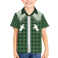 Aloha Hawaii Cowboys Paniolo Family Matching Off The Shoulder Long Sleeve Dress and Hawaiian Shirt Forest Green Palaka LT7 Son's Shirt Dark Green - Polynesian Pride