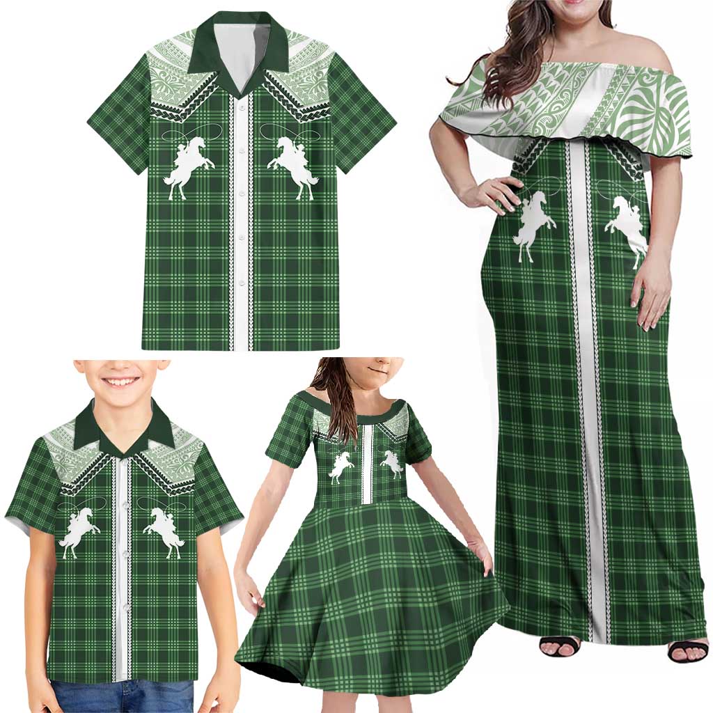 Aloha Hawaii Cowboys Paniolo Family Matching Off Shoulder Maxi Dress and Hawaiian Shirt Forest Green Palaka LT7 - Polynesian Pride