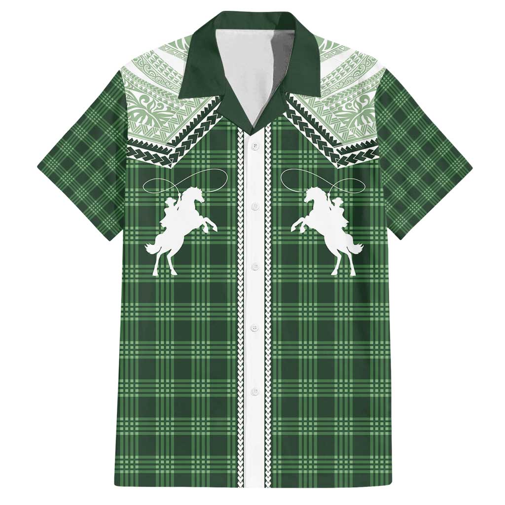 Aloha Hawaii Cowboys Paniolo Family Matching Off Shoulder Short Dress and Hawaiian Shirt Forest Green Palaka LT7 Dad's Shirt - Short Sleeve Dark Green - Polynesian Pride