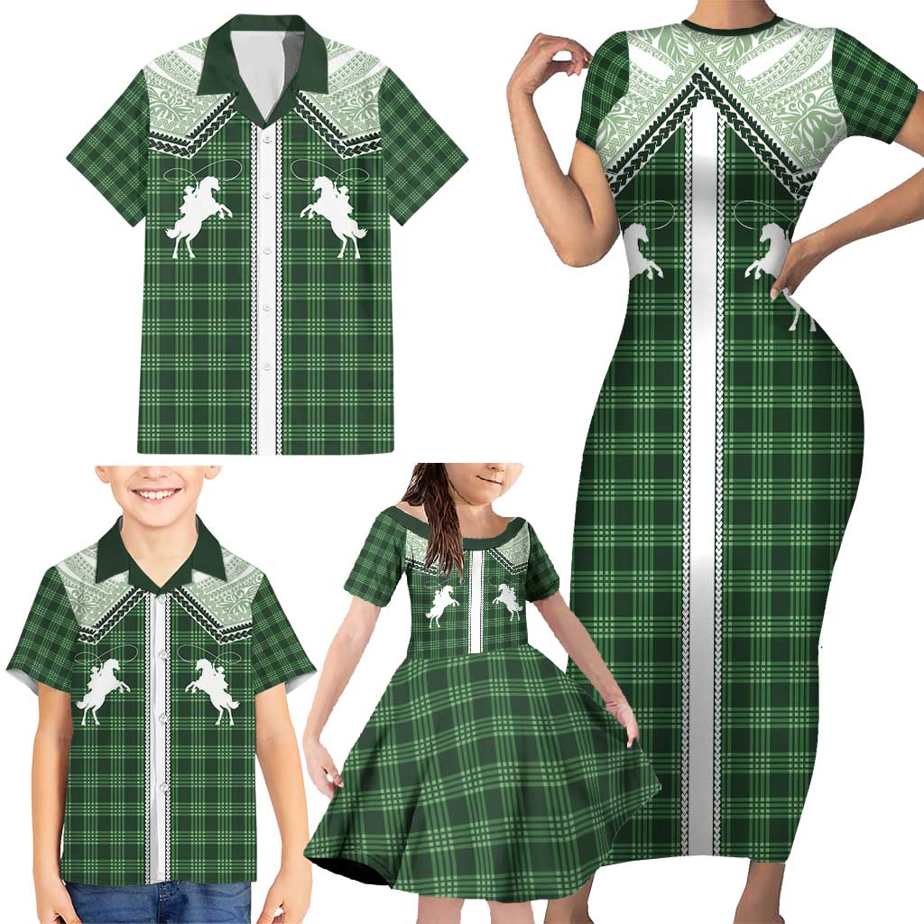 Aloha Hawaii Cowboys Paniolo Family Matching Short Sleeve Bodycon Dress and Hawaiian Shirt Forest Green Palaka LT7 - Polynesian Pride