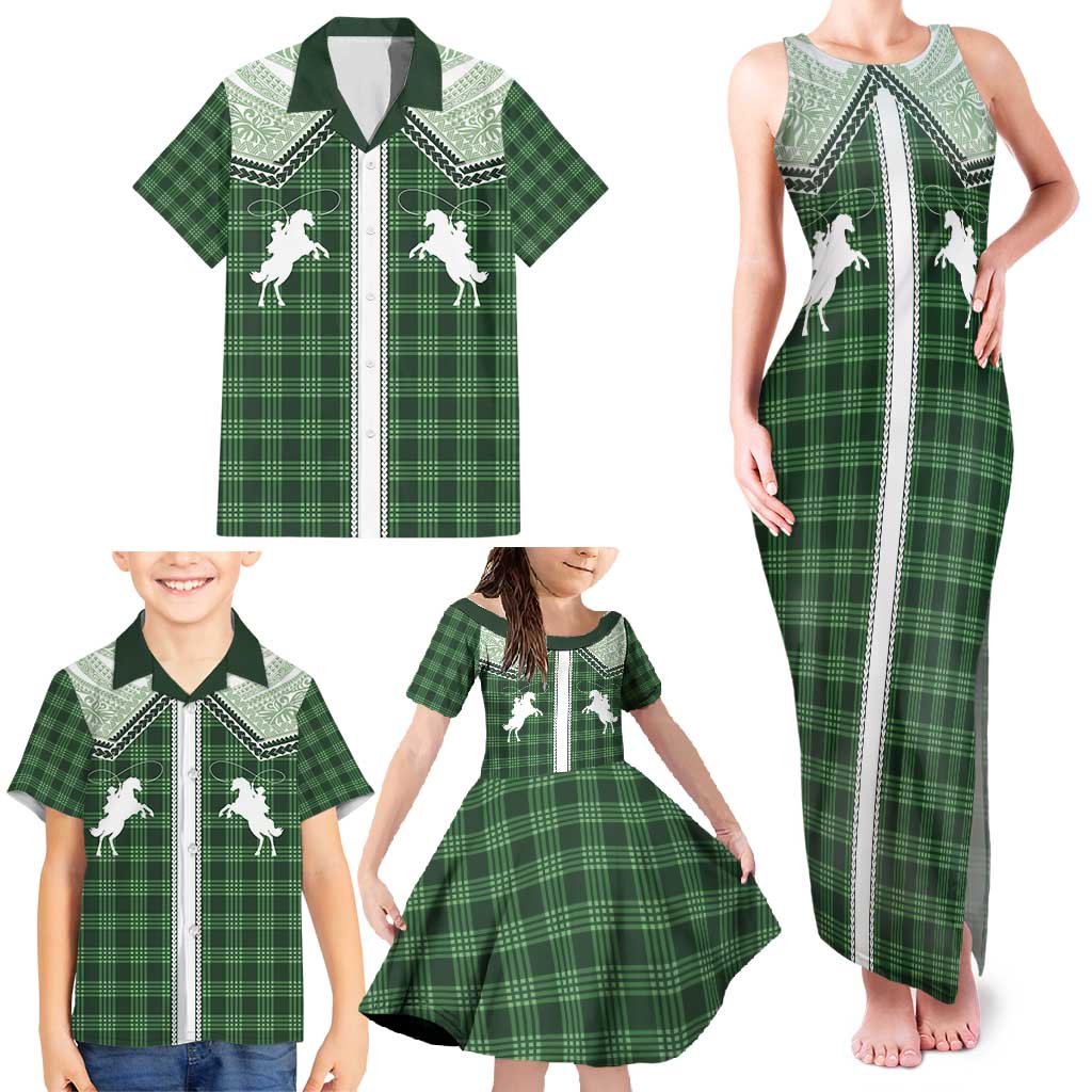 Aloha Hawaii Cowboys Paniolo Family Matching Tank Maxi Dress and Hawaiian Shirt Forest Green Palaka LT7 - Polynesian Pride