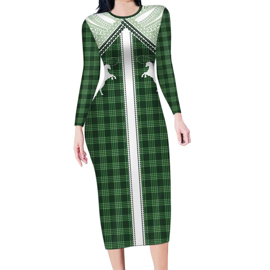 Aloha Hawaii Cowboys Paniolo Long Sleeve Bodycon Dress Forest Green Palaka - Polynesian Pride