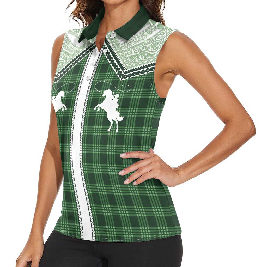 Aloha Hawaii Cowboys Paniolo Women Sleeveless Polo Shirt Forest Green Palaka LT7 - Polynesian Pride
