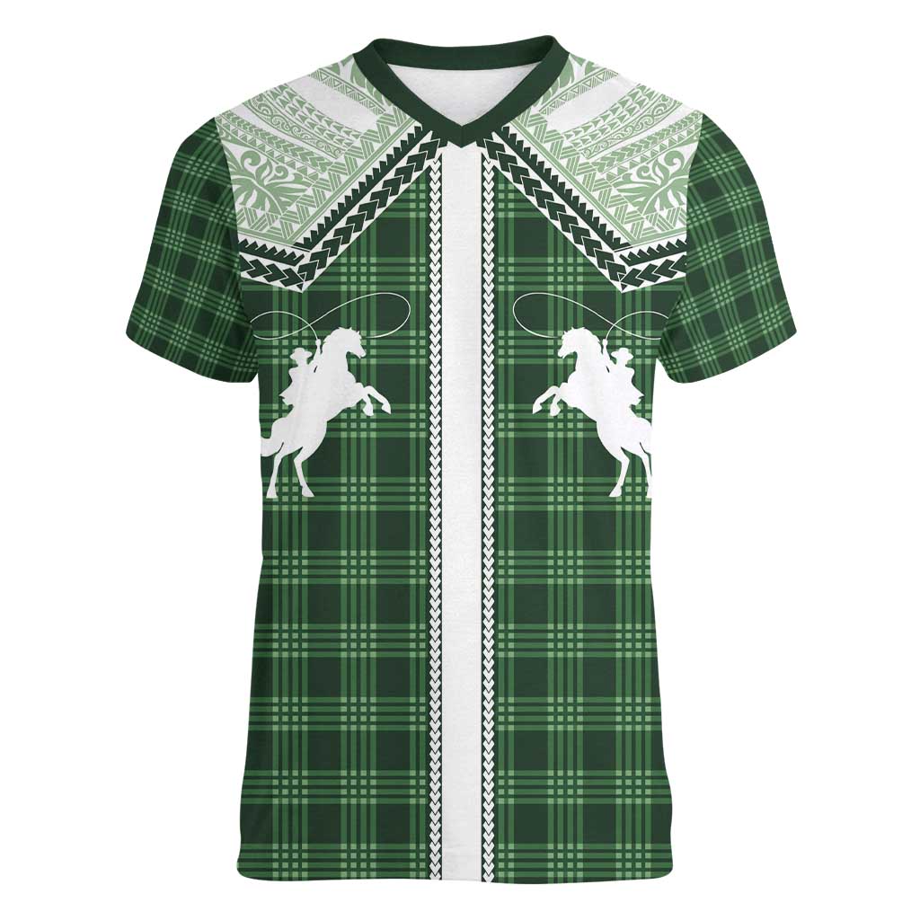 Aloha Hawaii Cowboys Paniolo Women V-Neck T-Shirt Forest Green Palaka LT7 Female Dark Green - Polynesian Pride