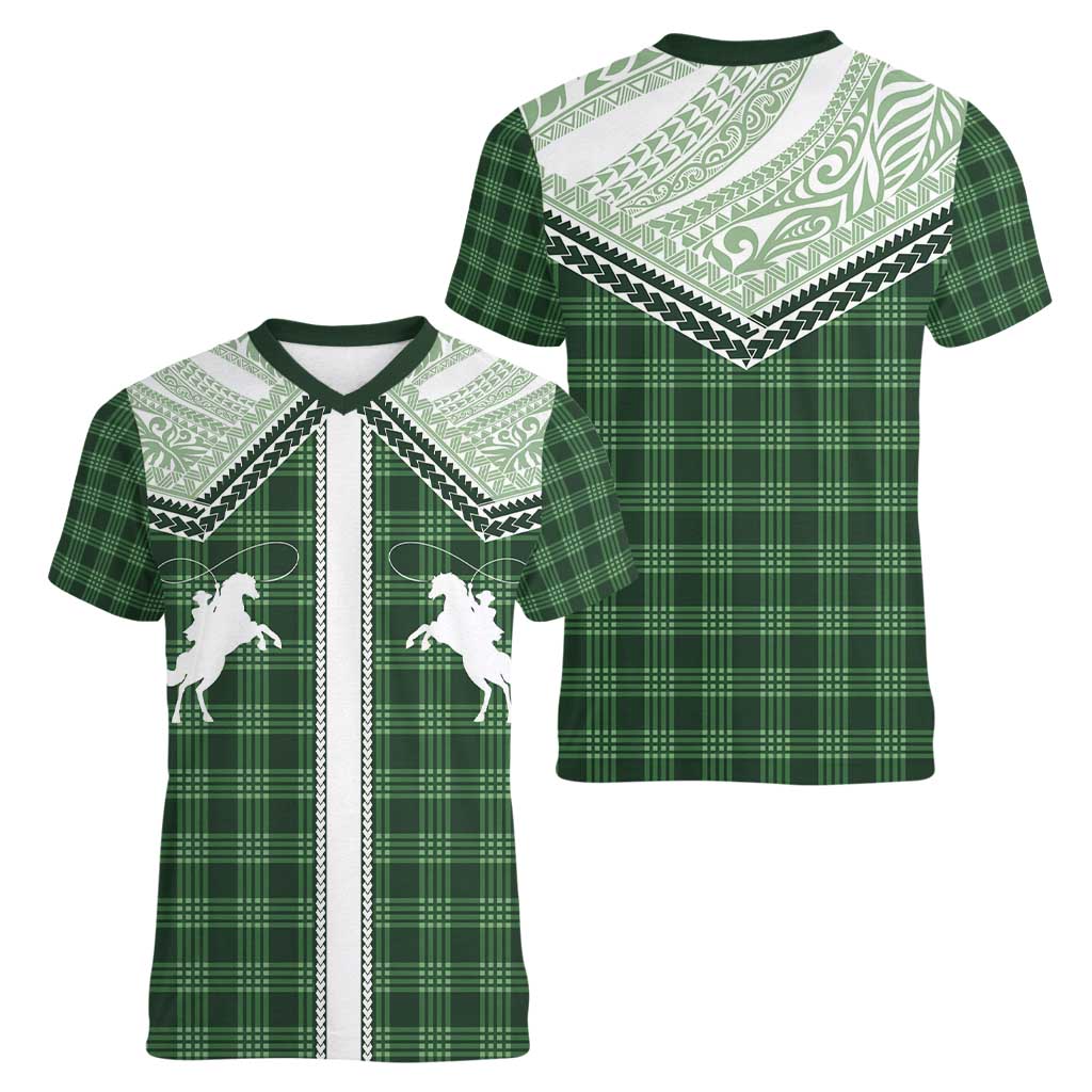 Aloha Hawaii Cowboys Paniolo Women V-Neck T-Shirt Forest Green Palaka LT7 - Polynesian Pride