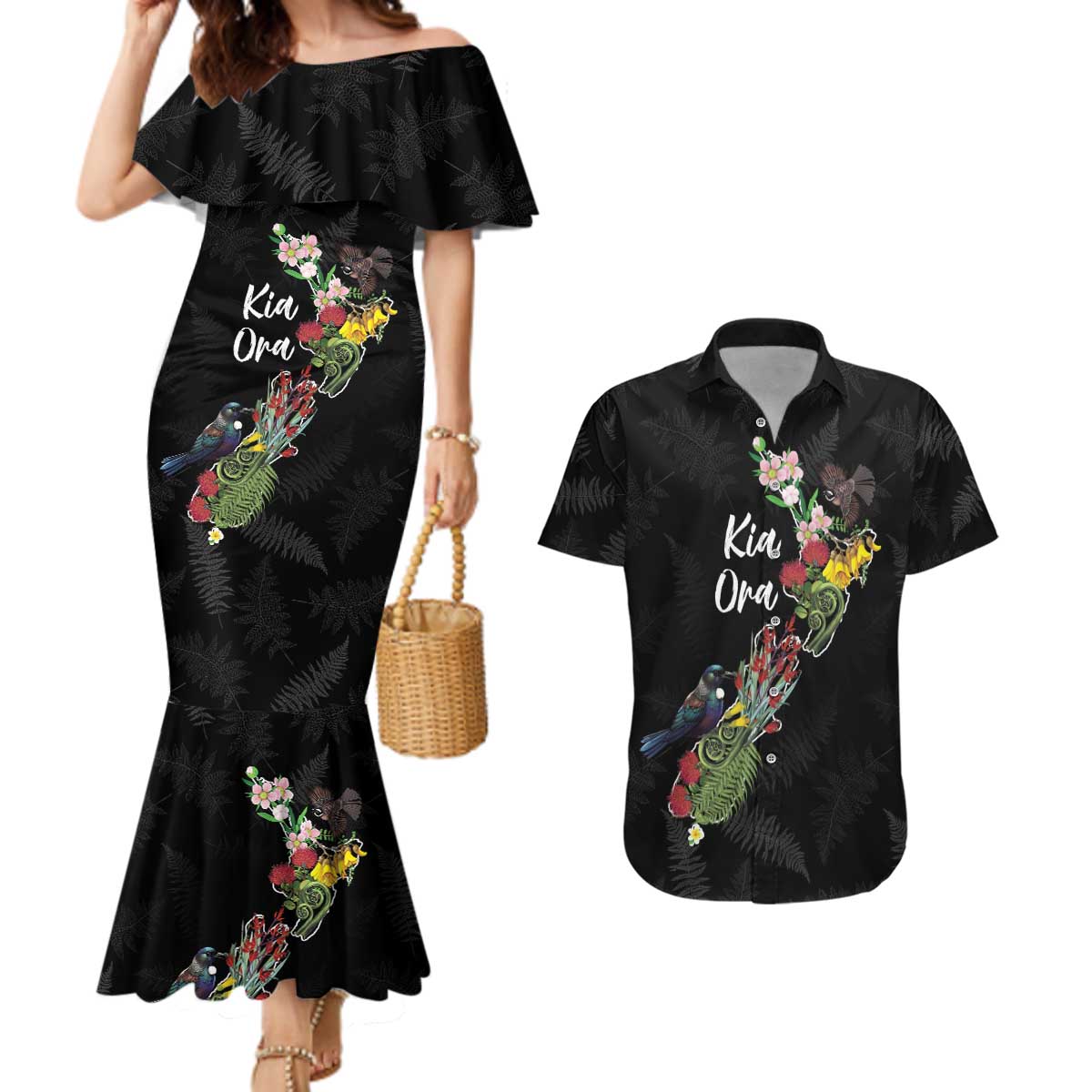 Kia Ora New Zealand Floral Personalized Couples Matching Mermaid Dress and Hawaiian Shirt Black LT7 Black - Polynesian Pride