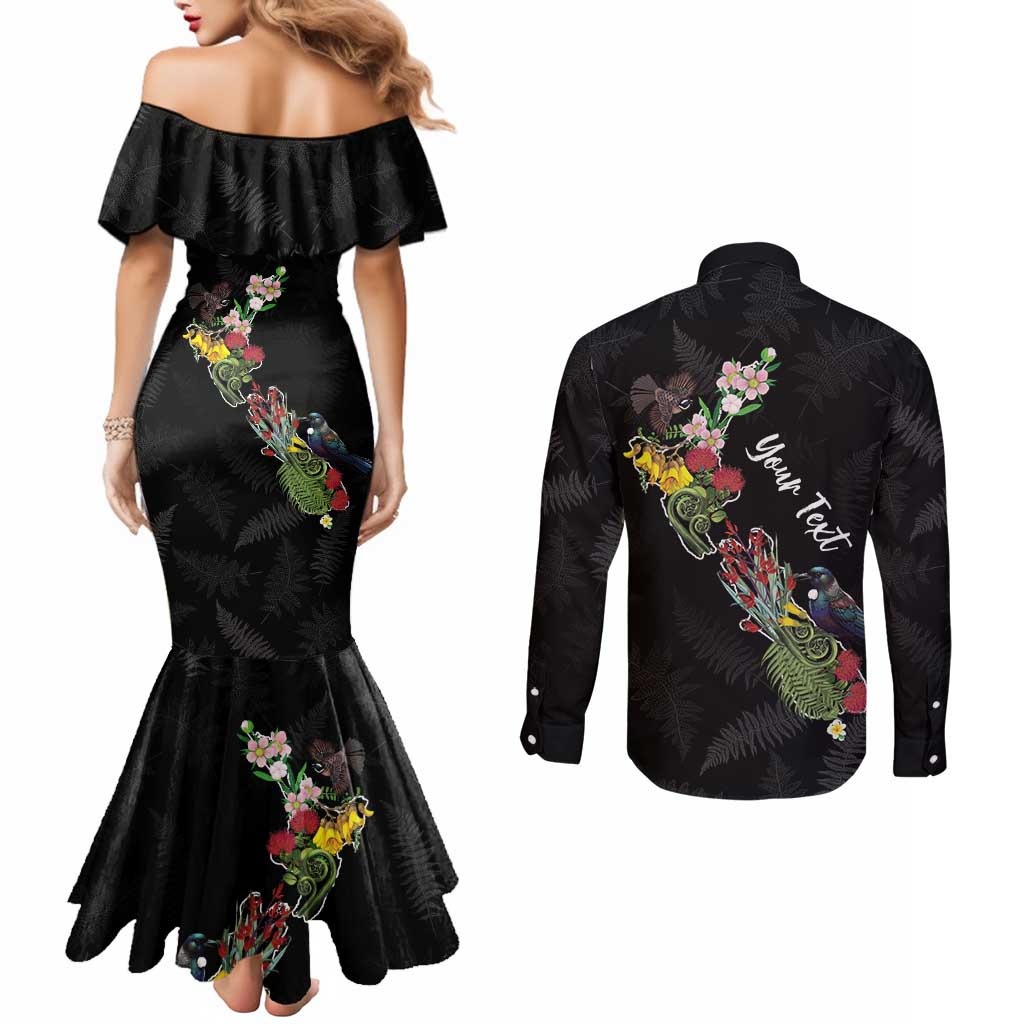 Kia Ora New Zealand Floral Personalized Couples Matching Mermaid Dress and Long Sleeve Button Shirt Black LT7 - Polynesian Pride