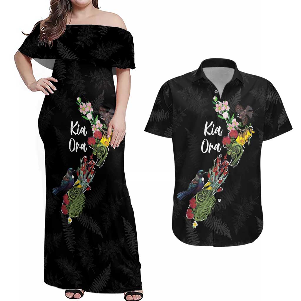 Kia Ora New Zealand Floral Personalized Couples Matching Off Shoulder Maxi Dress and Hawaiian Shirt Black LT7 Black - Polynesian Pride