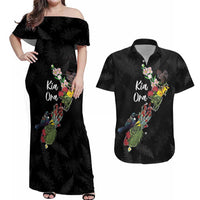 Kia Ora New Zealand Floral Personalized Couples Matching Off Shoulder Maxi Dress and Hawaiian Shirt Black LT7 Black - Polynesian Pride