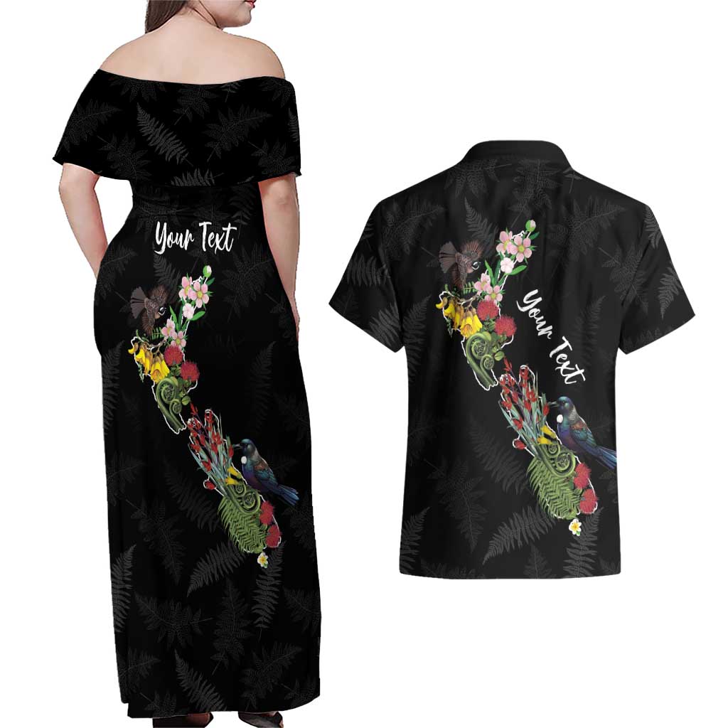 Kia Ora New Zealand Floral Personalized Couples Matching Off Shoulder Maxi Dress and Hawaiian Shirt Black LT7 - Polynesian Pride