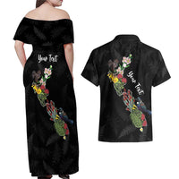 Kia Ora New Zealand Floral Personalized Couples Matching Off Shoulder Maxi Dress and Hawaiian Shirt Black LT7 - Polynesian Pride