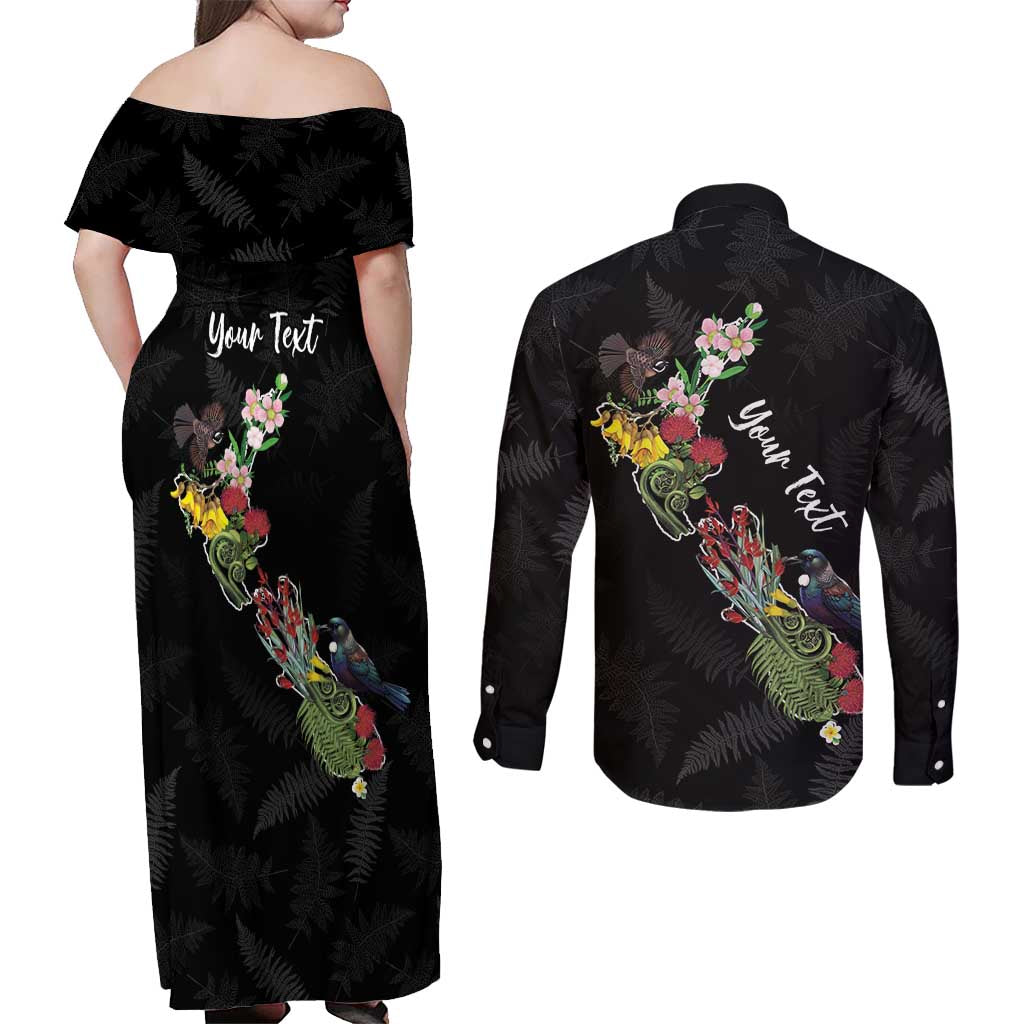 Kia Ora New Zealand Floral Personalized Couples Matching Off Shoulder Maxi Dress and Long Sleeve Button Shirt Black LT7 - Polynesian Pride