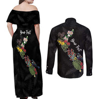 Kia Ora New Zealand Floral Personalized Couples Matching Off Shoulder Maxi Dress and Long Sleeve Button Shirt Black LT7 - Polynesian Pride