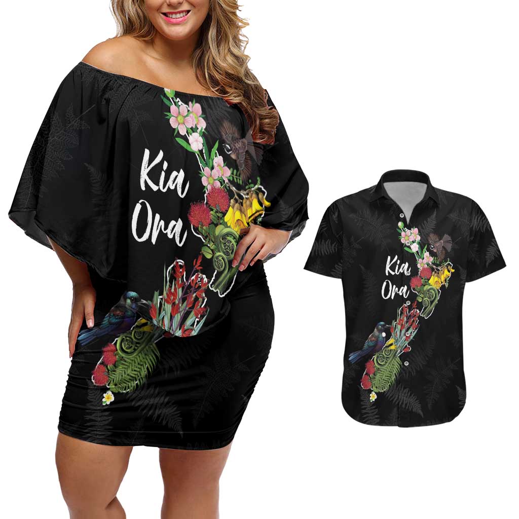 Kia Ora New Zealand Floral Personalized Couples Matching Off Shoulder Short Dress and Hawaiian Shirt Black LT7 Black - Polynesian Pride