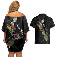 Kia Ora New Zealand Floral Personalized Couples Matching Off Shoulder Short Dress and Hawaiian Shirt Black LT7 - Polynesian Pride