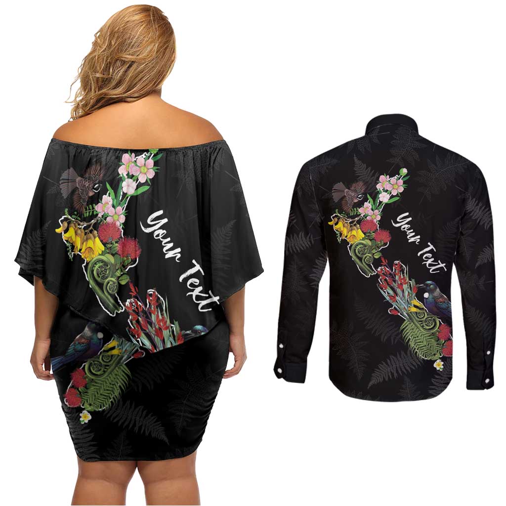 Kia Ora New Zealand Floral Personalized Couples Matching Off Shoulder Short Dress and Long Sleeve Button Shirt Black LT7 - Polynesian Pride