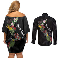 Kia Ora New Zealand Floral Personalized Couples Matching Off Shoulder Short Dress and Long Sleeve Button Shirt Black LT7 - Polynesian Pride