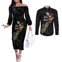 Kia Ora New Zealand Floral Personalized Couples Matching Off The Shoulder Long Sleeve Dress and Long Sleeve Button Shirt Black LT7 Black - Polynesian Pride