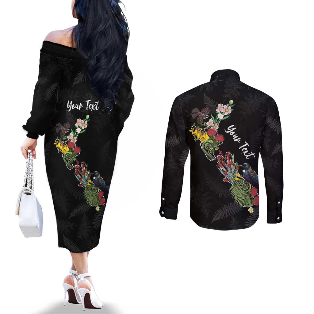 Kia Ora New Zealand Floral Personalized Couples Matching Off The Shoulder Long Sleeve Dress and Long Sleeve Button Shirt Black LT7 - Polynesian Pride