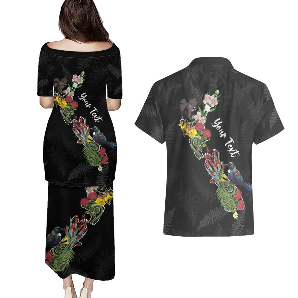 Kia Ora New Zealand Floral Personalized Couples Matching Puletasi and Hawaiian Shirt Black LT7 - Polynesian Pride