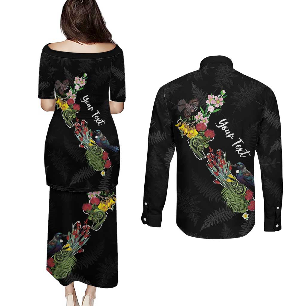 Kia Ora New Zealand Floral Personalized Couples Matching Puletasi and Long Sleeve Button Shirt Black - Polynesian Pride
