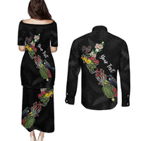 Kia Ora New Zealand Floral Personalized Couples Matching Puletasi and Long Sleeve Button Shirt Black - Polynesian Pride