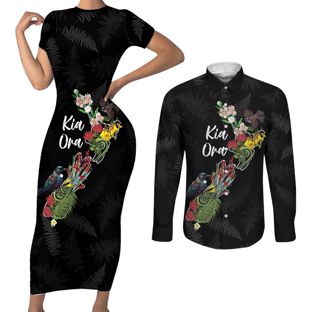 Kia Ora New Zealand Floral Personalized Couples Matching Short Sleeve Bodycon Dress and Long Sleeve Button Shirt Black LT7 Black - Polynesian Pride