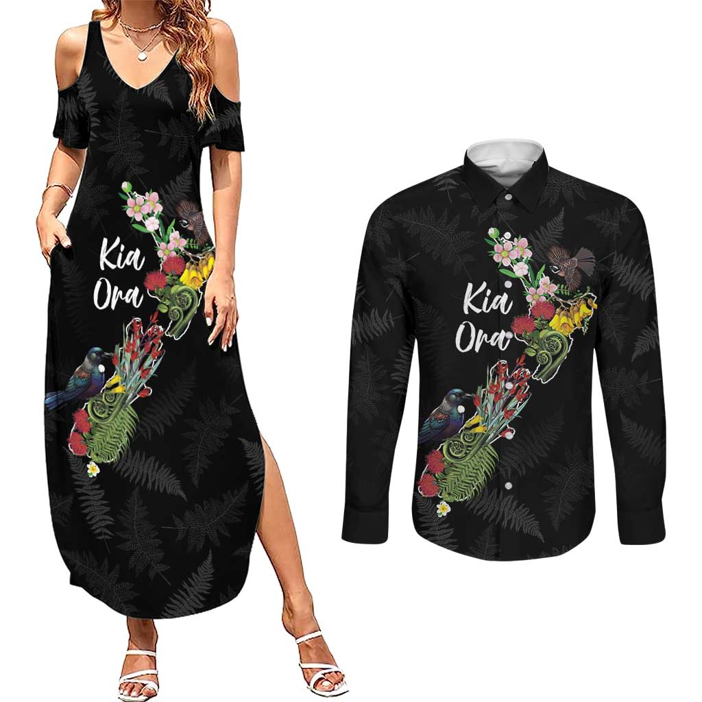 Kia Ora New Zealand Floral Personalized Couples Matching Summer Maxi Dress and Long Sleeve Button Shirt Black LT7 Black - Polynesian Pride
