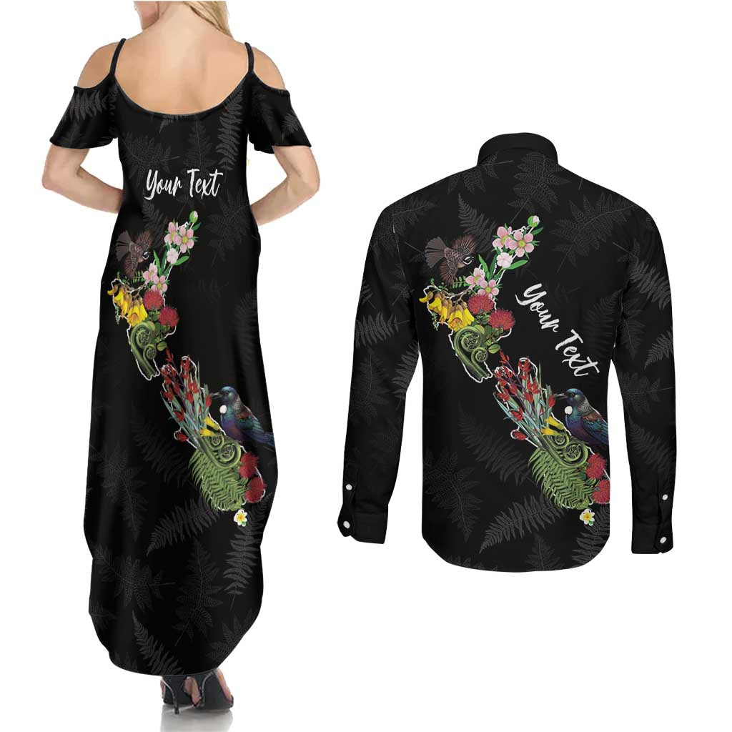 Kia Ora New Zealand Floral Personalized Couples Matching Summer Maxi Dress and Long Sleeve Button Shirt Black LT7 - Polynesian Pride