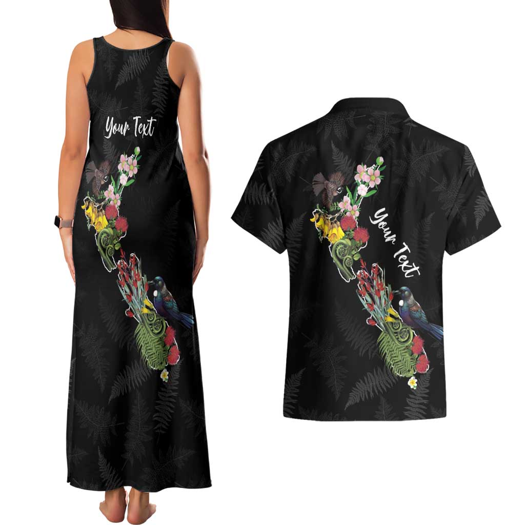 Kia Ora New Zealand Floral Personalized Couples Matching Tank Maxi Dress and Hawaiian Shirt Black LT7 - Polynesian Pride