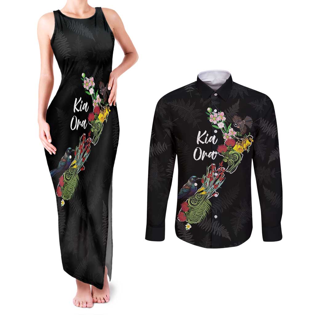 Kia Ora New Zealand Floral Personalized Couples Matching Tank Maxi Dress and Long Sleeve Button Shirt Black LT7 Black - Polynesian Pride