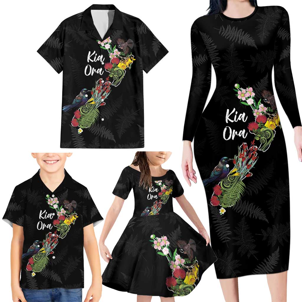 Kia Ora New Zealand Floral Personalized Family Matching Long Sleeve Bodycon Dress and Hawaiian Shirt Black LT7 - Polynesian Pride