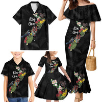 Kia Ora New Zealand Floral Personalized Family Matching Mermaid Dress and Hawaiian Shirt Black LT7 - Polynesian Pride