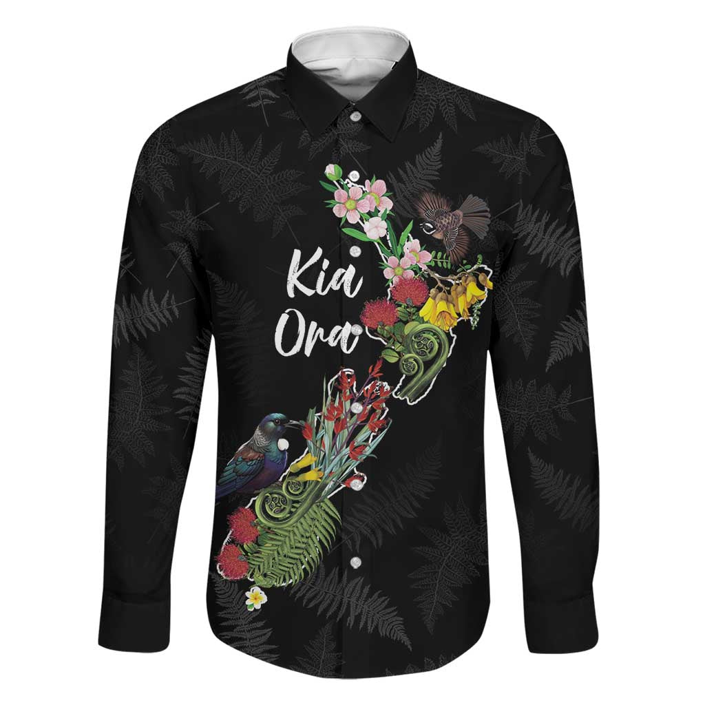 Kia Ora New Zealand Floral Personalized Family Matching Mermaid Dress and Hawaiian Shirt Black LT7 Dad's Shirt - Long Sleeve Black - Polynesian Pride