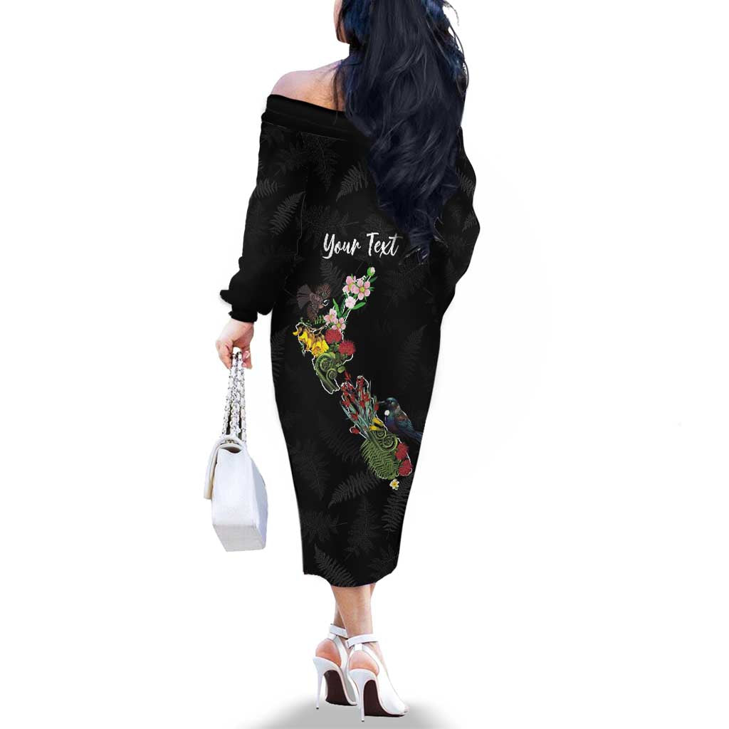 Kia Ora New Zealand Floral Personalized Family Matching Off The Shoulder Long Sleeve Dress and Hawaiian Shirt Black LT7 - Polynesian Pride