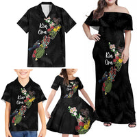 Kia Ora New Zealand Floral Personalized Family Matching Off Shoulder Maxi Dress and Hawaiian Shirt Black LT7 - Polynesian Pride