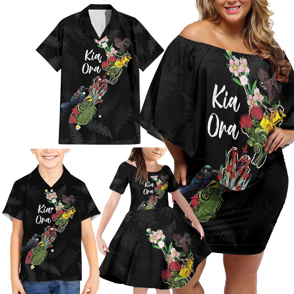 Kia Ora New Zealand Floral Personalized Family Matching Off Shoulder Short Dress and Hawaiian Shirt Black LT7 - Polynesian Pride