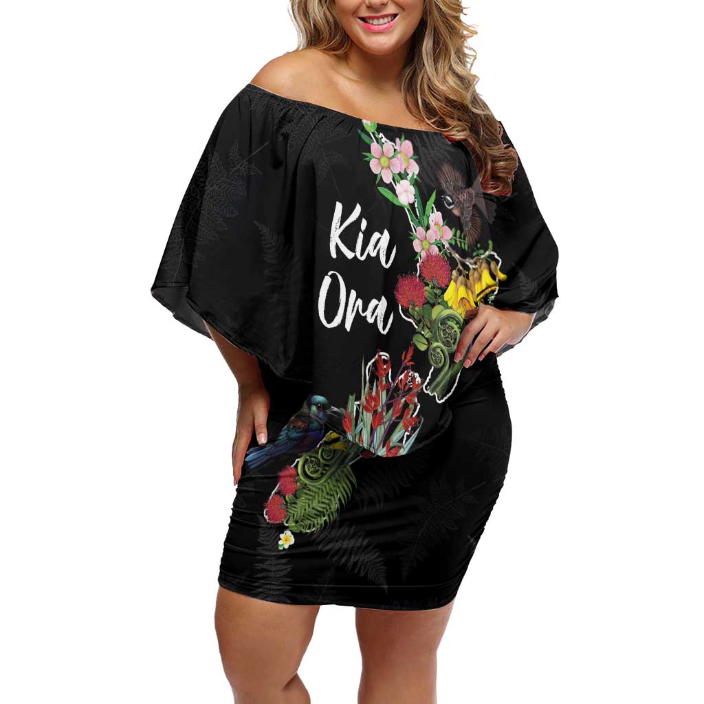 Kia Ora New Zealand Floral Personalized Family Matching Off Shoulder Short Dress and Hawaiian Shirt Black LT7 Mom's Dress Black - Polynesian Pride