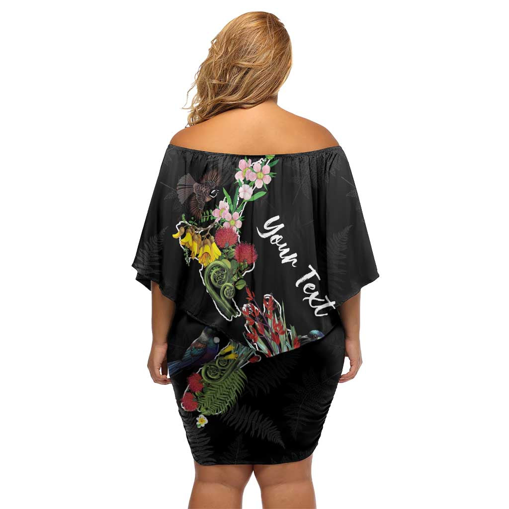 Kia Ora New Zealand Floral Personalized Family Matching Off Shoulder Short Dress and Hawaiian Shirt Black LT7 - Polynesian Pride