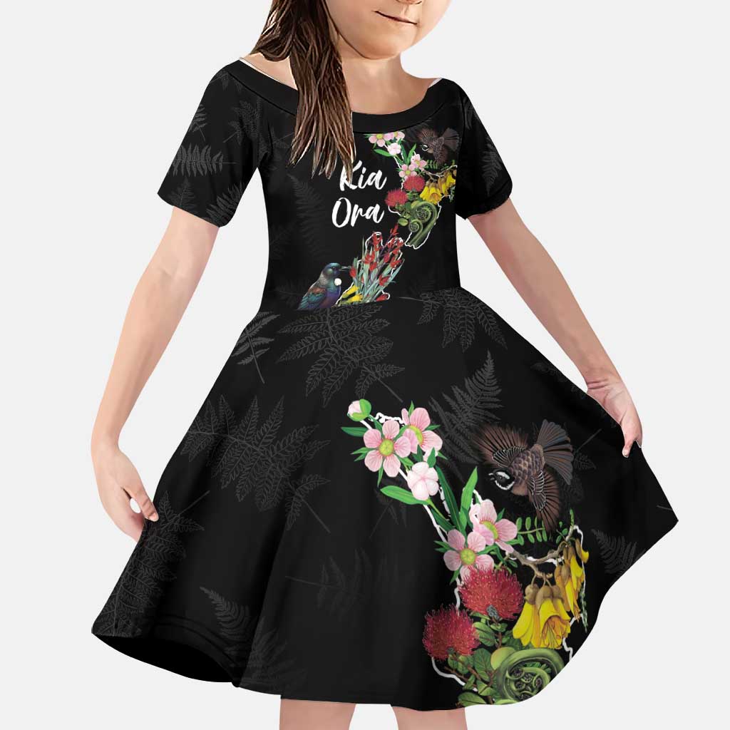 Kia Ora New Zealand Floral Personalized Family Matching Puletasi and Hawaiian Shirt Black LT7 Daughter's Dress Black - Polynesian Pride