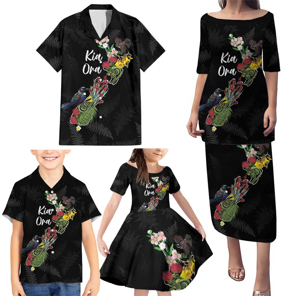 Kia Ora New Zealand Floral Personalized Family Matching Puletasi and Hawaiian Shirt Black LT7 - Polynesian Pride