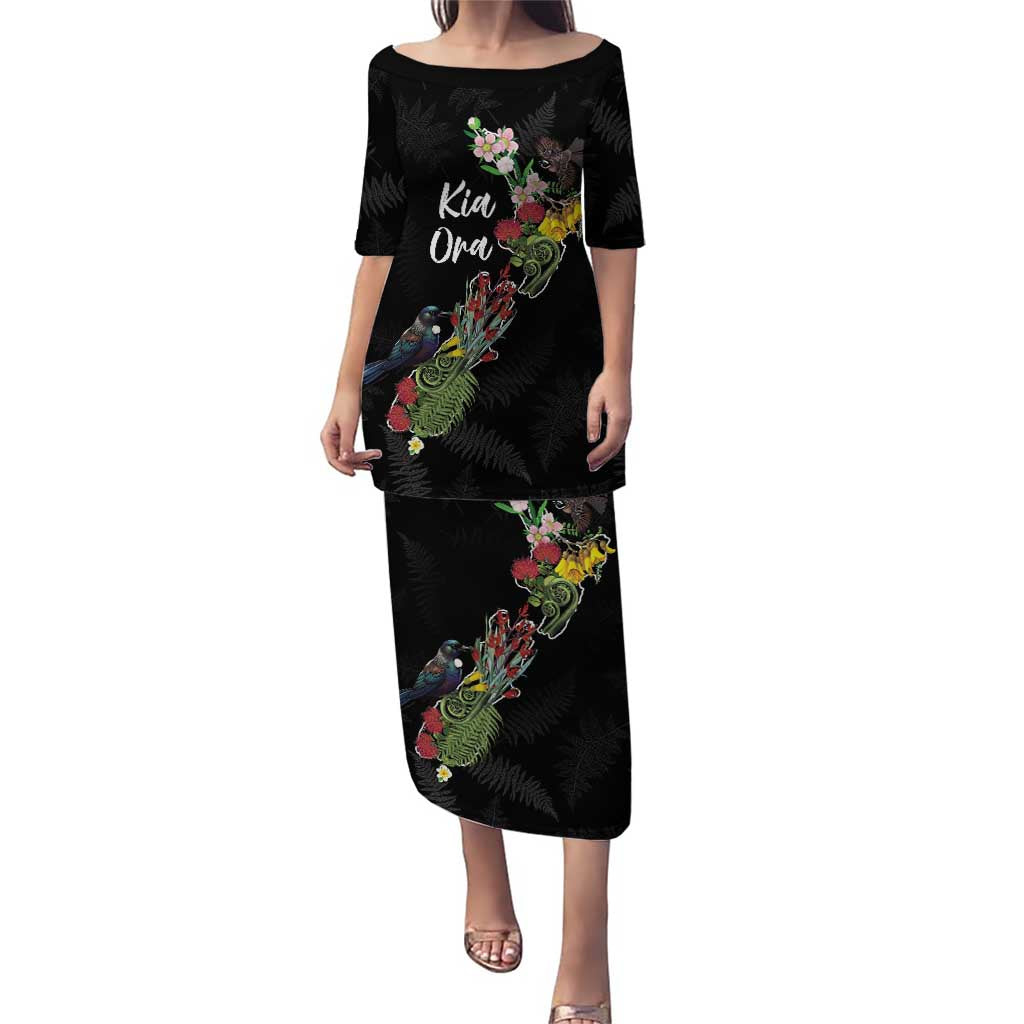 Kia Ora New Zealand Floral Personalized Family Matching Puletasi and Hawaiian Shirt Black LT7 Mom's Dress Black - Polynesian Pride