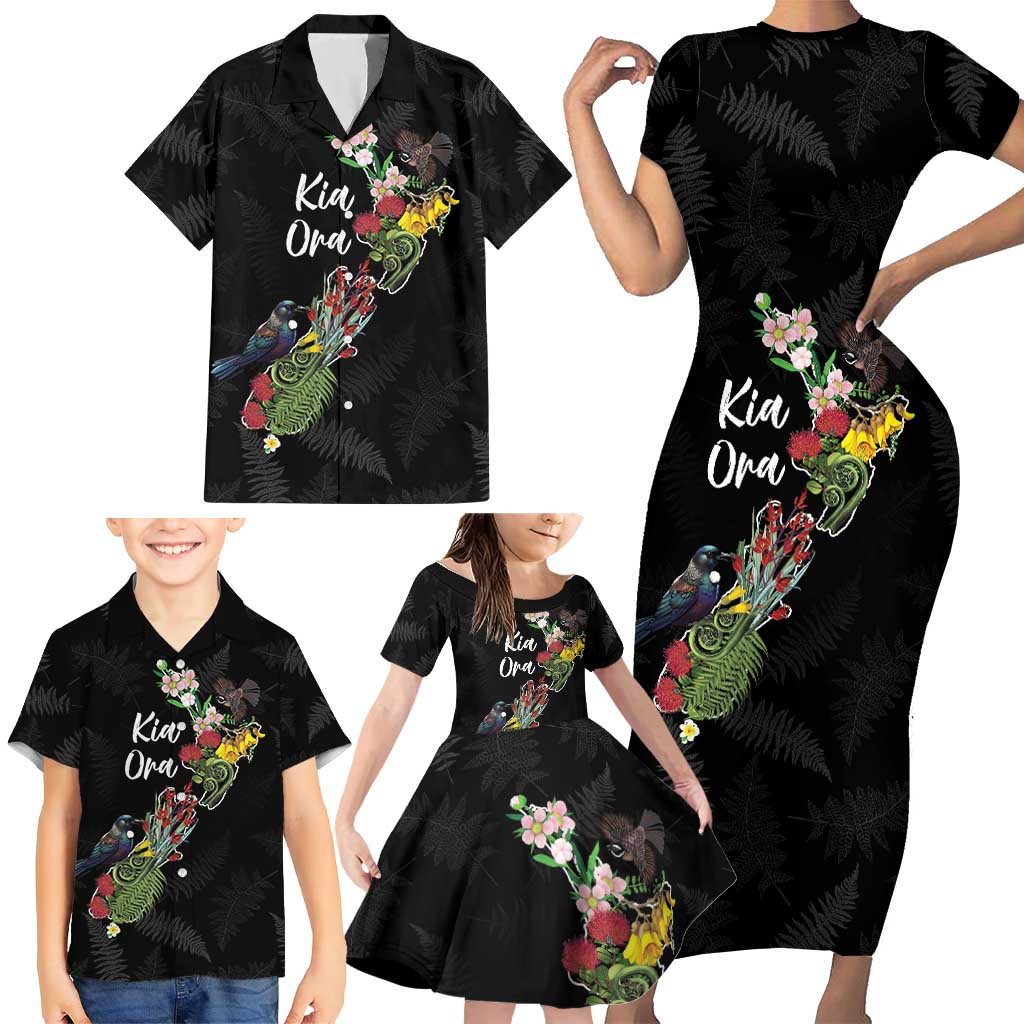 Kia Ora New Zealand Floral Personalized Family Matching Short Sleeve Bodycon Dress and Hawaiian Shirt Black - Polynesian Pride