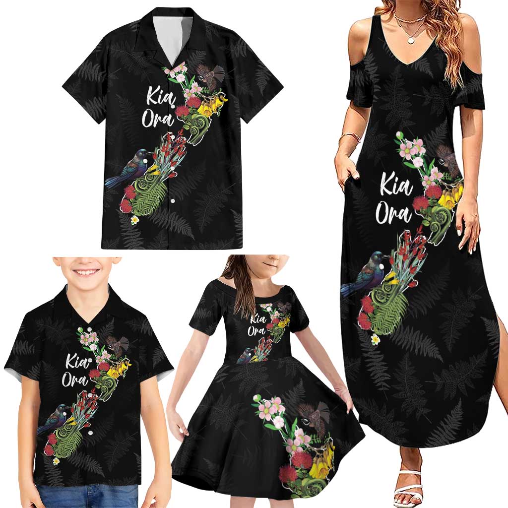 Kia Ora New Zealand Floral Personalized Family Matching Summer Maxi Dress and Hawaiian Shirt Black - Polynesian Pride