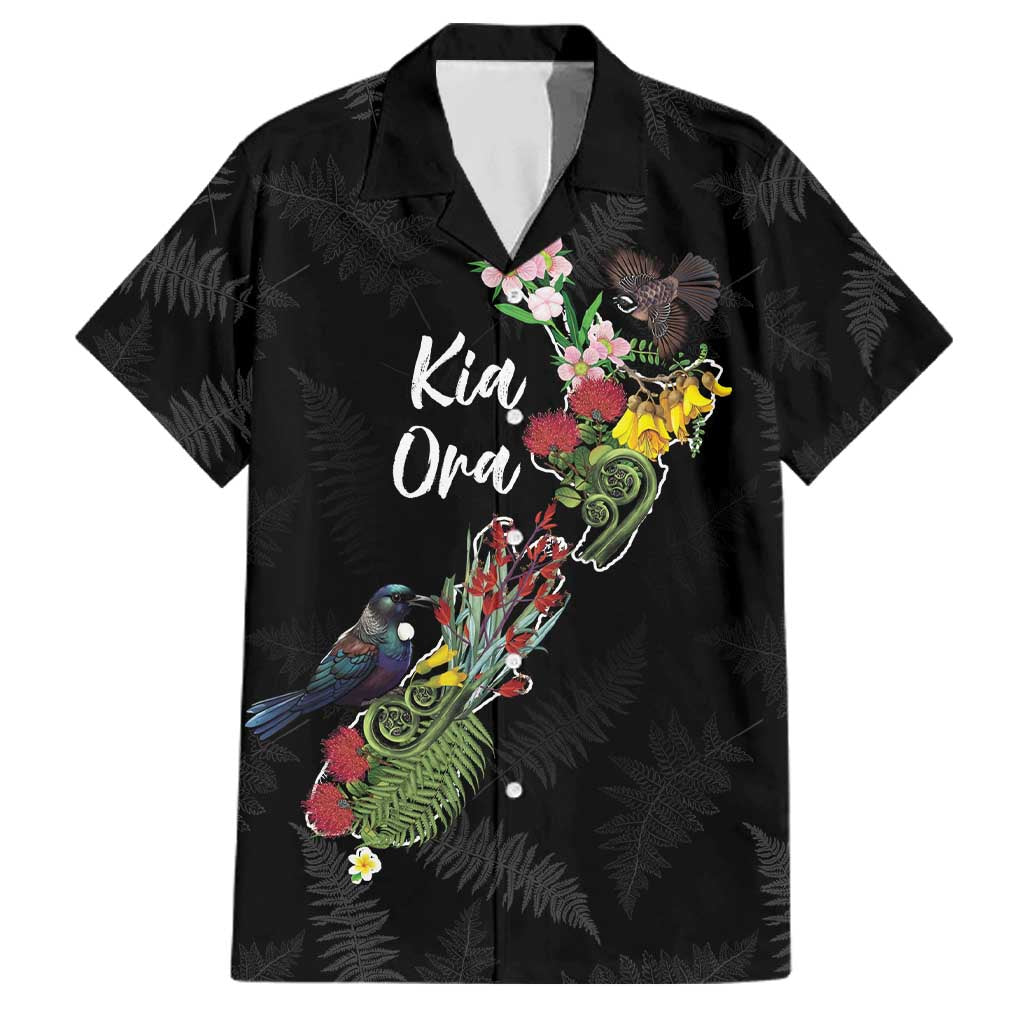 Kia Ora New Zealand Floral Personalized Family Matching Summer Maxi Dress and Hawaiian Shirt Black LT7 Dad's Shirt - Short Sleeve Black - Polynesian Pride