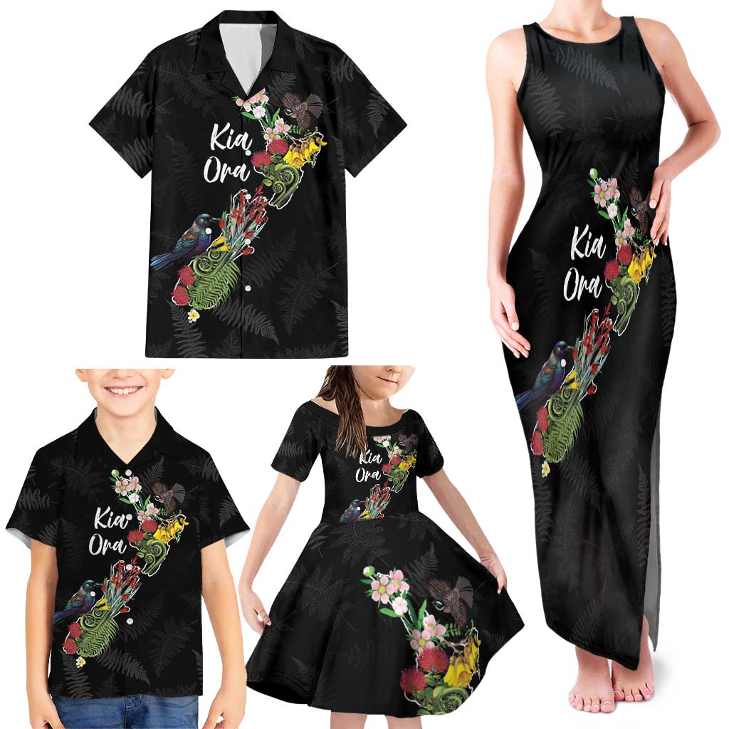 Kia Ora New Zealand Floral Personalized Family Matching Tank Maxi Dress and Hawaiian Shirt Black LT7 - Polynesian Pride