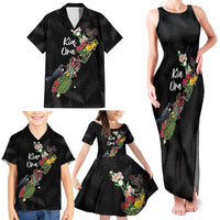 Kia Ora New Zealand Floral Personalized Family Matching Tank Maxi Dress and Hawaiian Shirt Black LT7 - Polynesian Pride