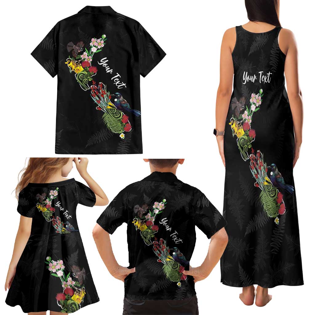 Kia Ora New Zealand Floral Personalized Family Matching Tank Maxi Dress and Hawaiian Shirt Black LT7 - Polynesian Pride