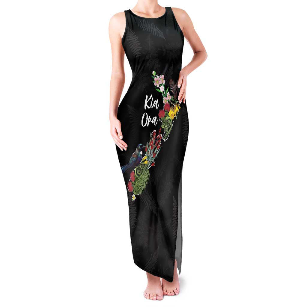 Kia Ora New Zealand Floral Personalized Family Matching Tank Maxi Dress and Hawaiian Shirt Black LT7 Mom's Dress Black - Polynesian Pride